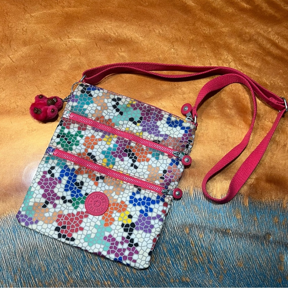 Kipling Keiko Anna Lucia Crossbody Bag Colorful Mosaic Gorilla Keychain